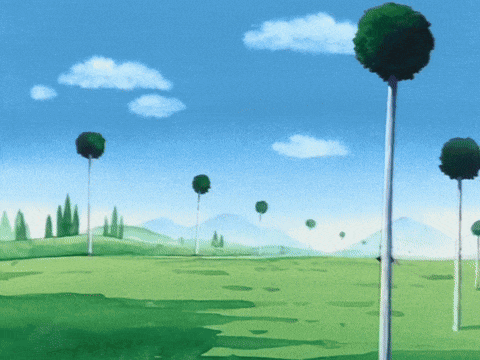 a painting of a field with trees and clouds