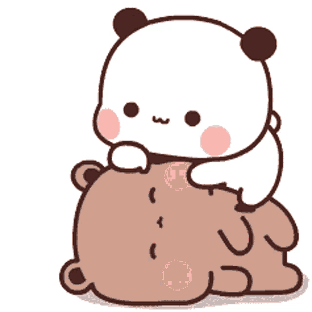 a cartoon panda bear is laying on top of a brown bear .