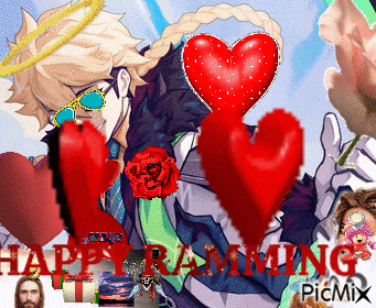 a picture of a man with hearts and the words happy ramming in red
