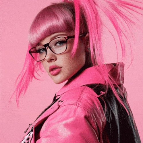 a woman with pink hair wearing glasses and a pink leather jacket