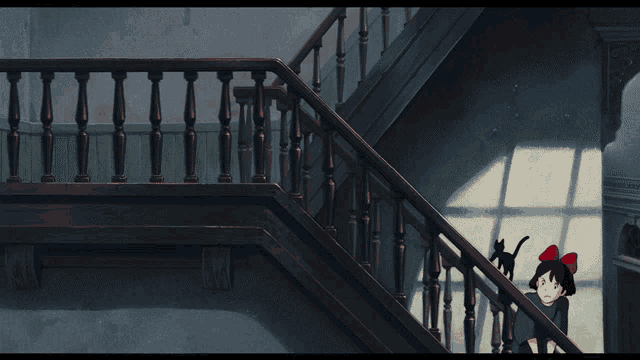 a girl with a red bow on her head is walking down the stairs