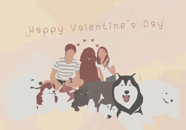 a happy valentine 's day greeting card with a man and woman surrounded by dogs