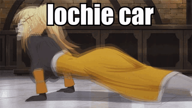 a cartoon of a girl doing push ups with the words " lochie car " above her