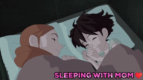 a cartoon of a mother and child sleeping with the words sleeping with mom above them