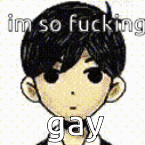 a cartoon of a boy with black hair and the words `` im so fucking gay '' .