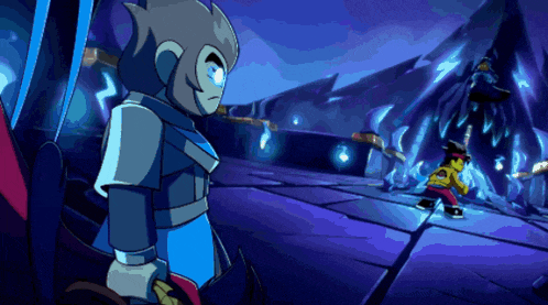a cartoon character is standing in a dark room with a blue background