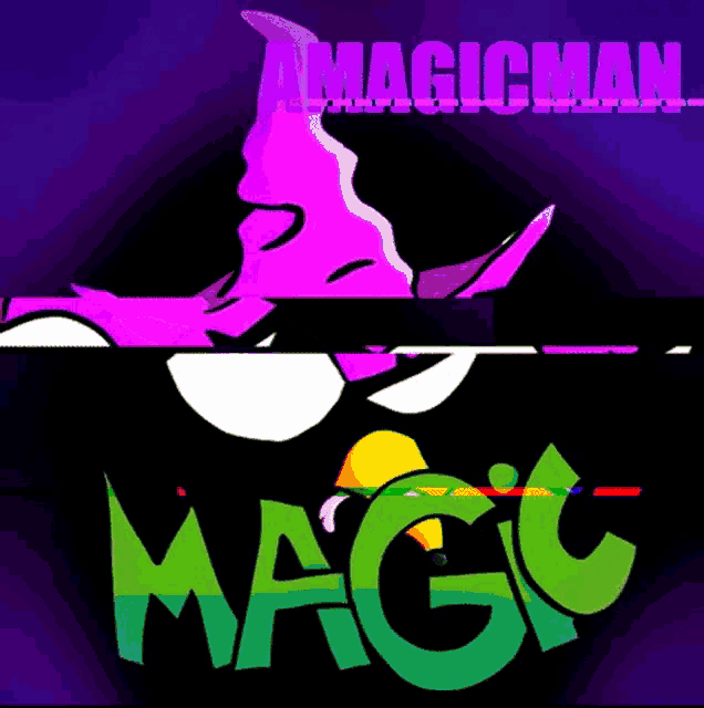 a cartoon drawing of a purple dragon and the words magicman above it