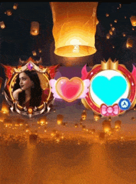 a picture of a woman and a picture of a heart with lanterns floating in the background