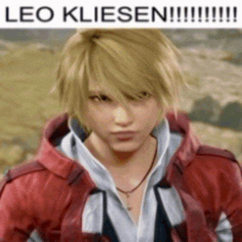 a close up of a person wearing a red jacket with the words leo kliesen above him