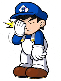 a cartoon character wearing a blue hat with the letter s on it covering his face .