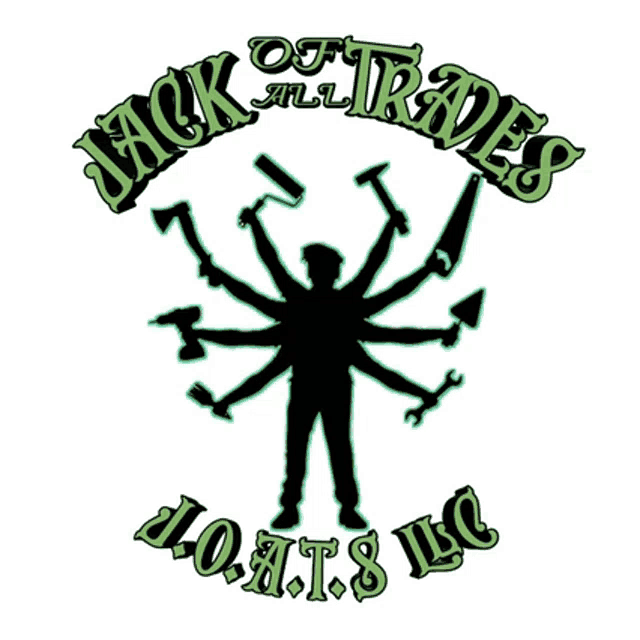 a logo for jack trades l.o.a.t.s. llc shows a man with many hands