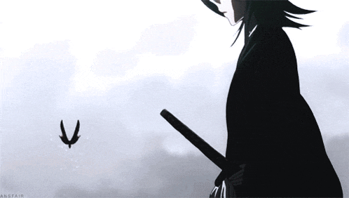a person is holding a sword and a bird is flying in the sky .