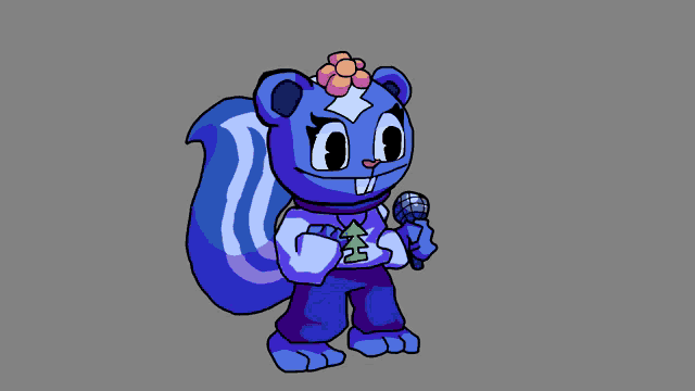 a cartoon drawing of a squirrel with a flower on her head holding a microphone