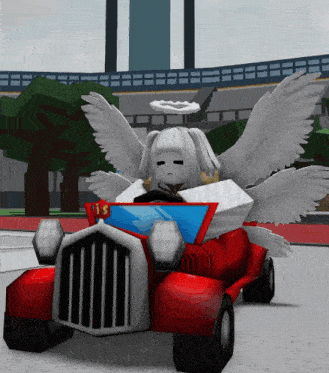 a cartoon angel is driving a red car with the number 15 on it