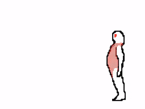 a pixel art illustration of a man holding a red object in his hand .