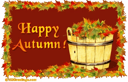a sign that says happy autumn with a wooden barrel full of leaves
