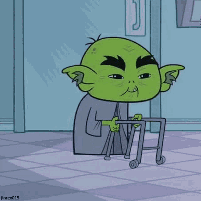 a cartoon character is using a walker in a hallway .