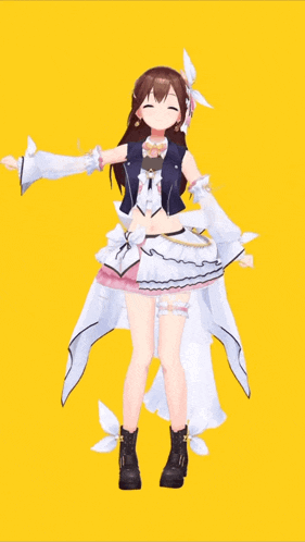 a girl in a white dress and black boots is standing on a yellow background