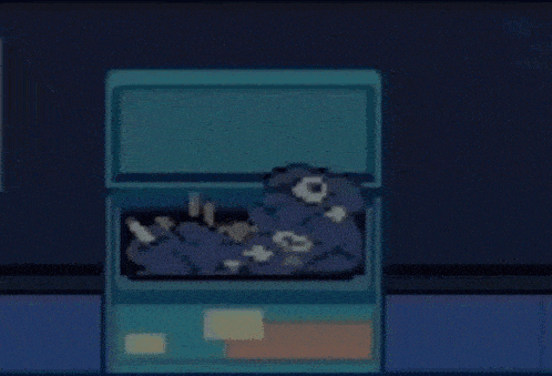a pixel art drawing of a man standing in a box filled with trash .