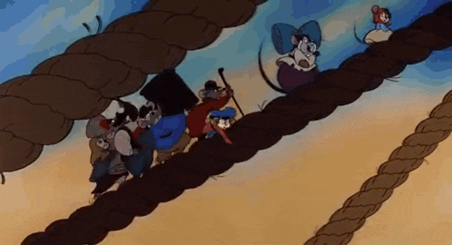 a group of cartoon mice are walking on a rope .