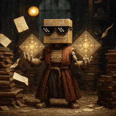 a robot wearing sunglasses and a robe with the word grok on it
