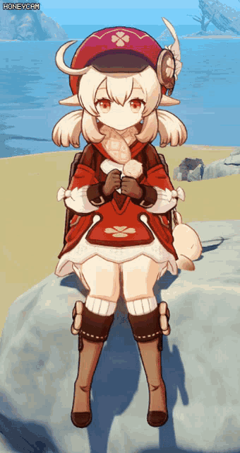 a girl in a red hat is standing on a rock in front of a body of water with the watermark honeychan