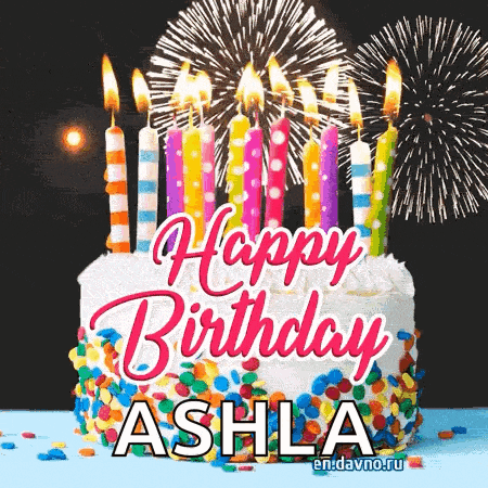 a birthday cake with candles and fireworks and the name ashla on it .