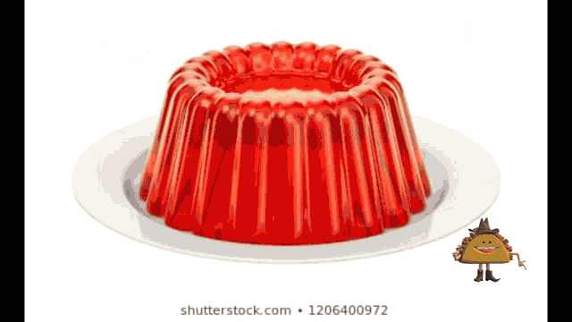 a cartoon of a taco standing next to a plate of red jelly .