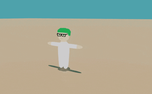 a cartoon character with green hair and glasses is standing on a beach