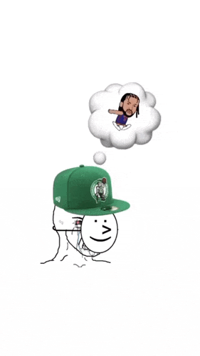 a man wearing a green boston celtics hat is thinking about a basketball player