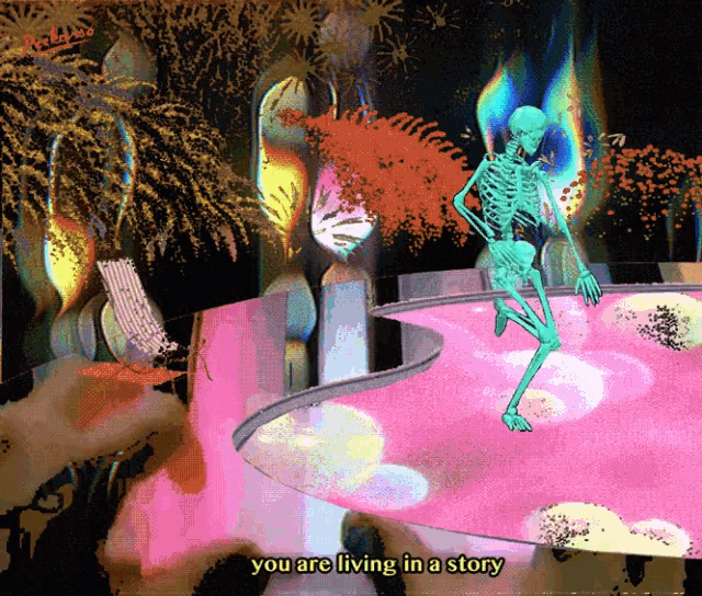 a painting of a skeleton in a bathtub with the words " you are living in a story " below it