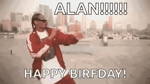 snoop dogg is dancing on a rooftop in front of a city skyline and says happy birfday .