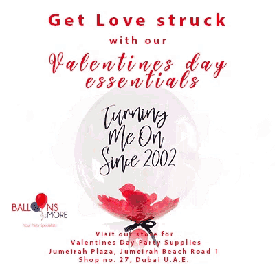 an advertisement for valentines day party supplies with a heart made out of balloons