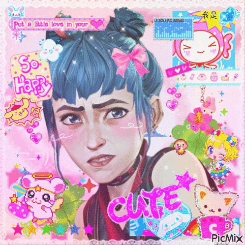 a picture of a girl with blue hair and the word cute