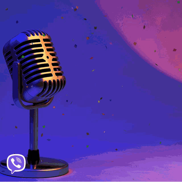 a microphone on a blue background with arabic writing