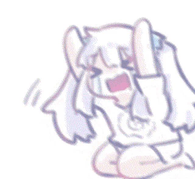 a blurry drawing of a girl with purple hair and a white background
