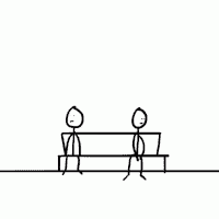 two stick figures are sitting on a bench holding hands with the words `` the end '' above them .