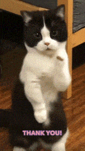 a black and white cat standing on its hind legs with the words thank you written below it
