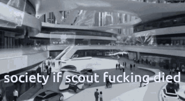 a black and white photo of a building with the words society if scout fucking died below it