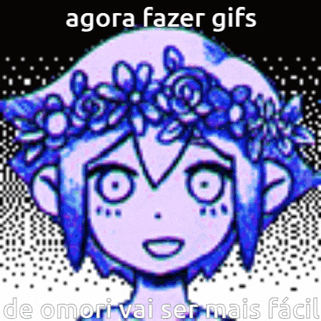 a pixel art of a girl with a flower crown on her head and the words `` agora fazer gifs '' .