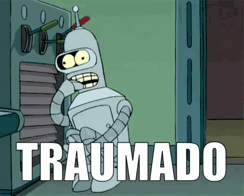 bender from futurama is standing in front of a machine with the word traumado written on it