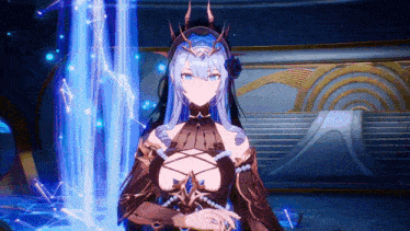 a woman with blue hair and a crown on her head