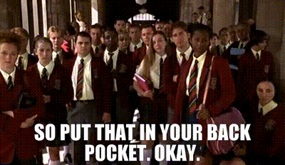 a group of people in school uniforms are walking down a hallway with the words so put that in your back pocket okay
