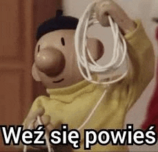 a cartoon character is holding a wire in his hands and says `` weź się powiesz '' .