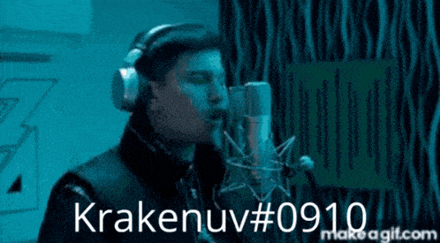a man wearing headphones singing into a microphone with the hashtag krakenuv # 0910