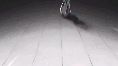 a black and white photo of a person walking on a white floor .