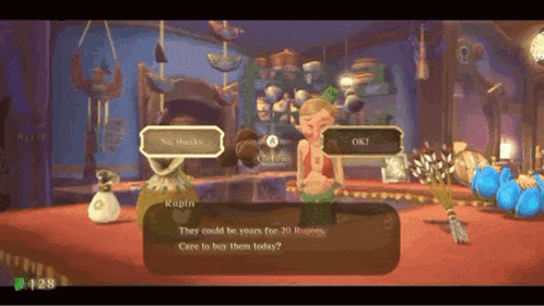 a video game screen shows a man talking to another man