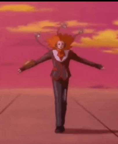 a man in a suit and tie is walking with his arms outstretched in front of a pink background .