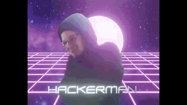 a man in a hoodie stands in front of a purple background with the word hackerman on it