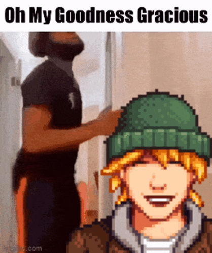 a pixel art of a man wearing a green hat with the words oh my goodness gracious